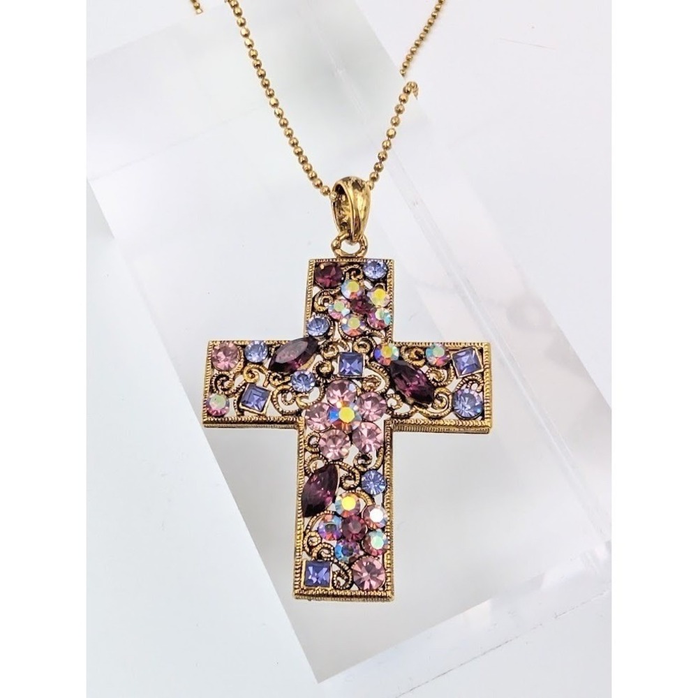 Vintage Rhinestones Cross‎ Necklace Gold Tone Ornate Openwork Floral Victorian